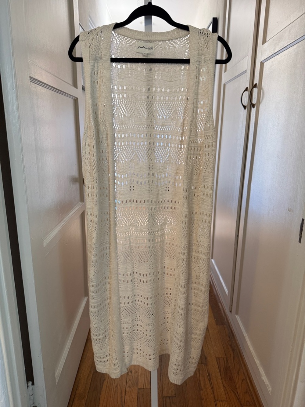 Freshman 1996 Cream Crochet Open-Knit Duster Cadigan Vest